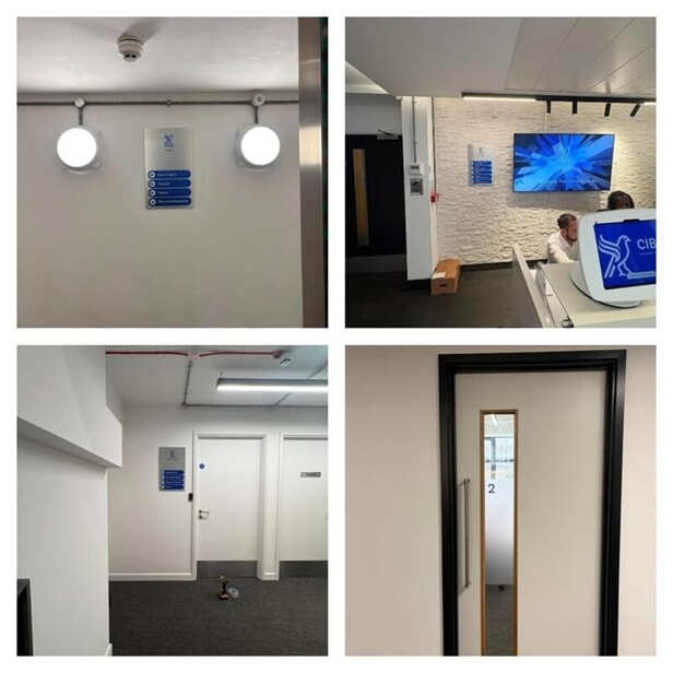 A collage of the blue wayfinding signage throughout the office space.